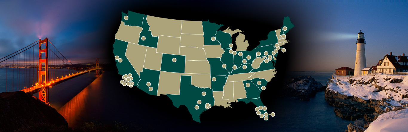 Coast to coast map showing U.S locations of brand offices