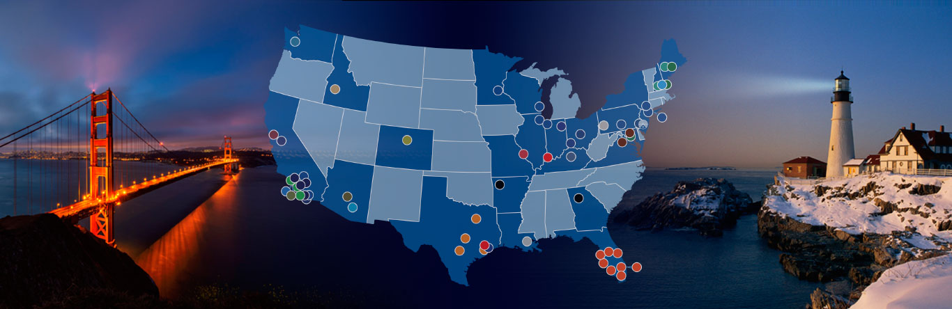 Coast to coast map showing U.S locations of brand offices